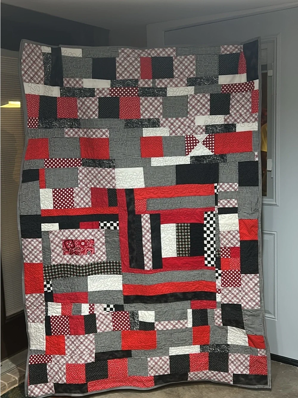 Handmade Red, Black & White Patchwork Quilt